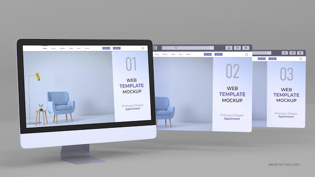 Pagina di destinazione realistica desktop screen rendering 3d mockup per la presentazione del sito web