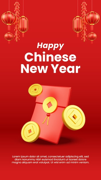 PSD realistic landing page lucky money with red envelope and coins for chinese new year celebration