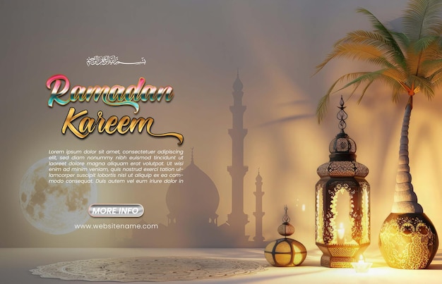 realistic lantern with mosque image of poster background for islamic design eid al fitr template