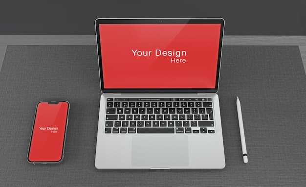 現実的な背景のレンダリングpsdと現実的なラップトップパッドと電話のモックアップ