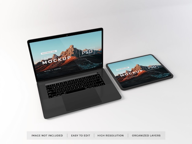 Realistic laptop and tablet device mockup