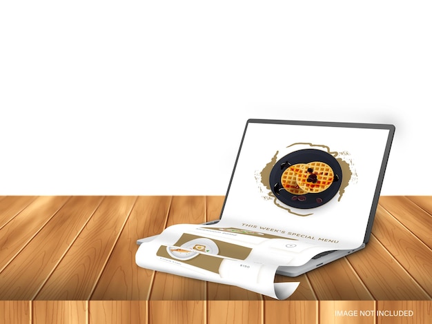 PSD realistic laptop with scrolling screen of delicious pancake on wooden brown and white background
