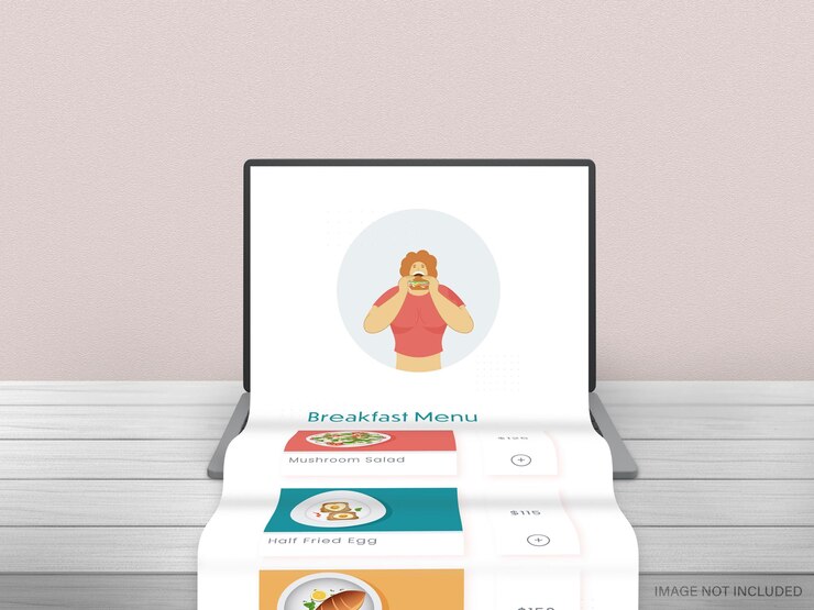 PSD realistic laptop with scrolling screen of restaurant menu or foodie app for advertising