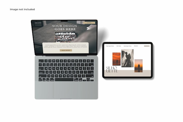 PSD タブレットのモックアップを備えた現実的なラップトップ