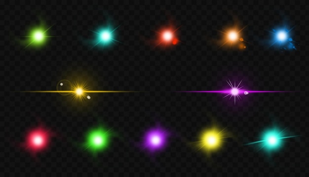 Realistic lens flare set with sparkle light explosion