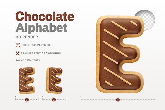 Realistic letter E shaped like chocolate donuts in 3d render with transparent background