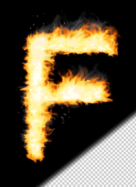 Realistic letter f made of fire on transparent background