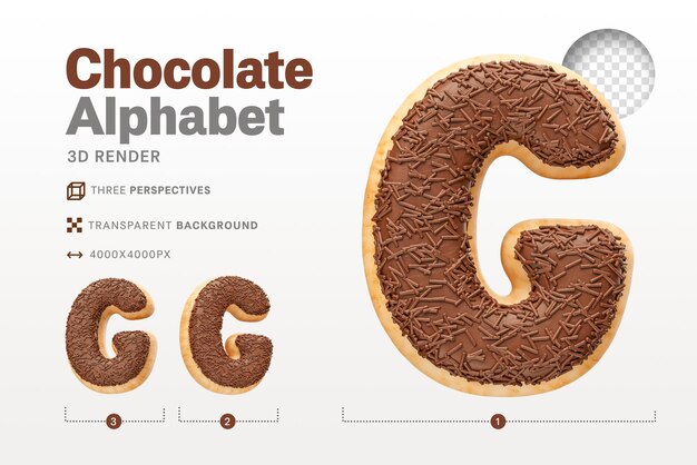 Realistic letter g shaped like chocolate donuts in 3d render with transparent background