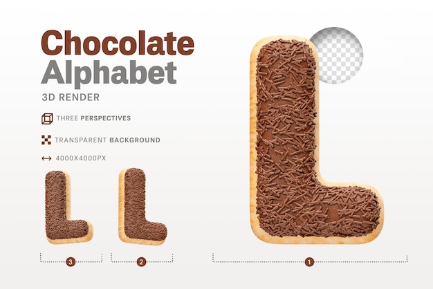Realistic letter L shaped like chocolate donuts in 3d render with transparent background