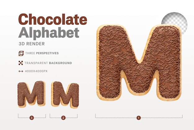 Realistic letter m shaped like chocolate donuts in 3d render with transparent background