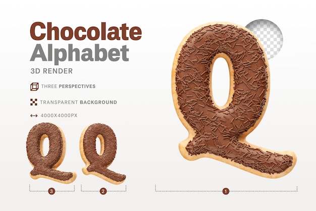 Realistic letter q shaped like chocolate donuts in 3d render with transparent background