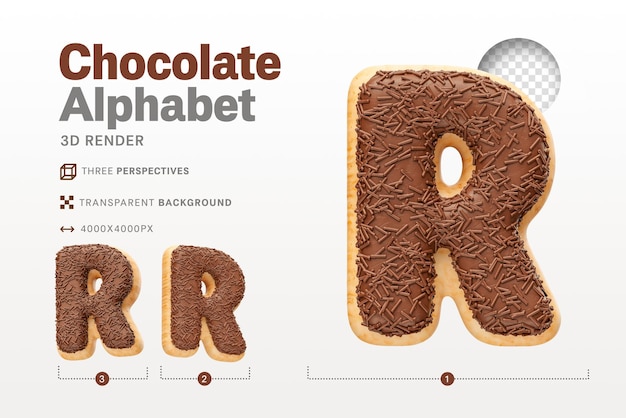 Realistic letter r shaped like chocolate donuts in 3d render with transparent background