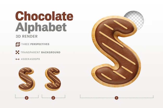 Lettera s realistica a forma di ciambelle al cioccolato in 3d render con sfondo trasparente