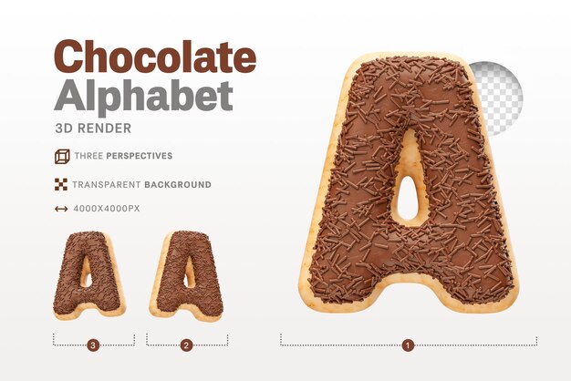 Realistic letter A shaped like chocolate donuts in 3d render with transparent background
