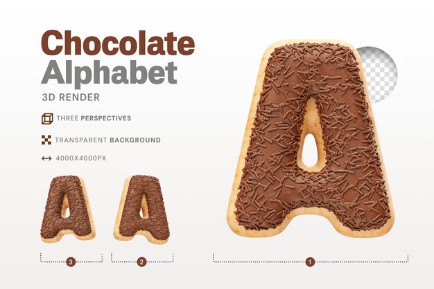 Lettera realistica a a forma di ciambelle al cioccolato in 3d render con sfondo trasparente