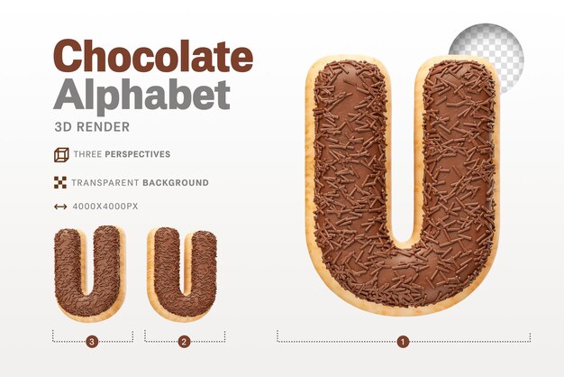 Realistic letter u shaped like chocolate donuts in 3d render with transparent background