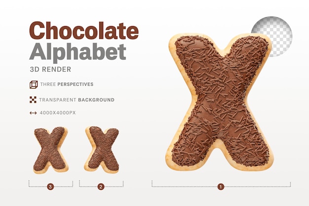 투명한 배경을 사용하여 3d 렌더링에서 초콜릿 도넛 모양의 현실적인 문자 X
