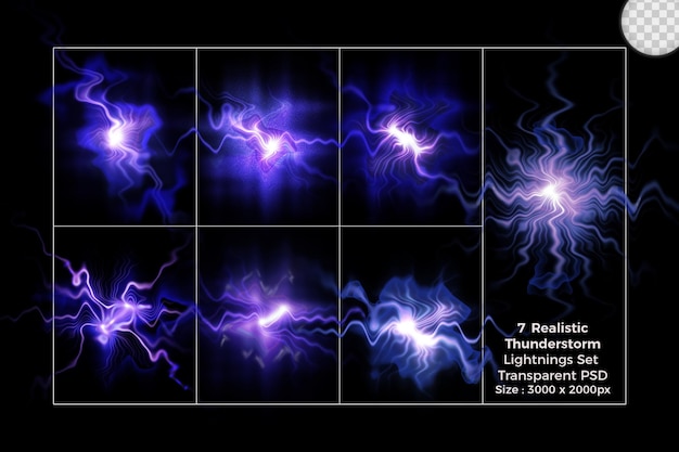 Realistic lightning collection of isolated thunderbolts on transparent set