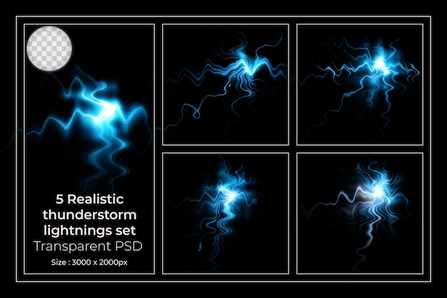 PSD realistic lightning collection of isolated thunderbolts on transparent set