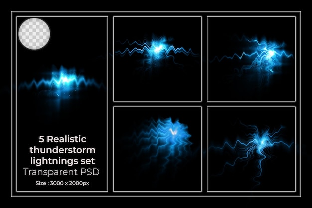 PSD 투명 세트에 고립 된 벼락의 현실적인 번개 컬렉션