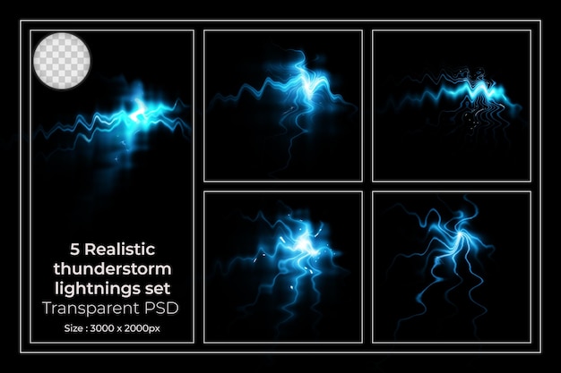 PSD 투명 세트에 고립 된 벼락의 현실적인 번개 컬렉션