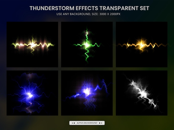 PSD realistic lightnings and thunder bolts of thunderstorm effects