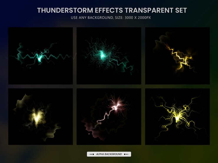 PSD realistic lightnings and thunder bolts of thunderstorm effects