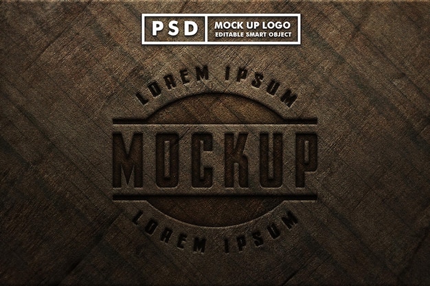 PSD realistic logo mock up with carved wood texture
