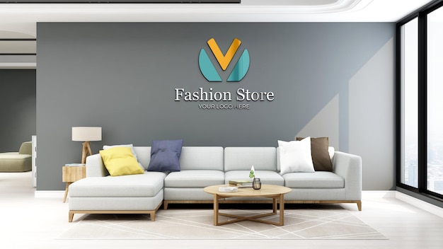 Realistic logo mockup in the fashion store lounge