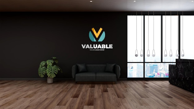 Реалистичный макет логотипа в зале ожидания офисного вестибюля с диваном