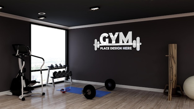 Mockup di logo realistico nella moderna sala fitness e palestra