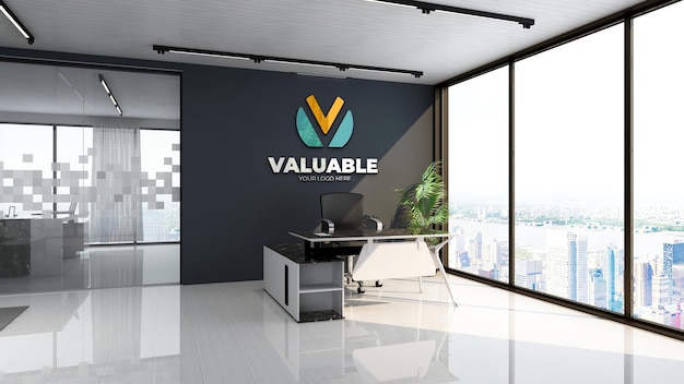 Realistic logo mockup template in the modern office reception or front desk room