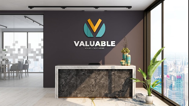 Realistic logo mockup template in the modern office reception or front desk room