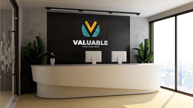Realistic logo mockup template in the modern office reception or front desk room
