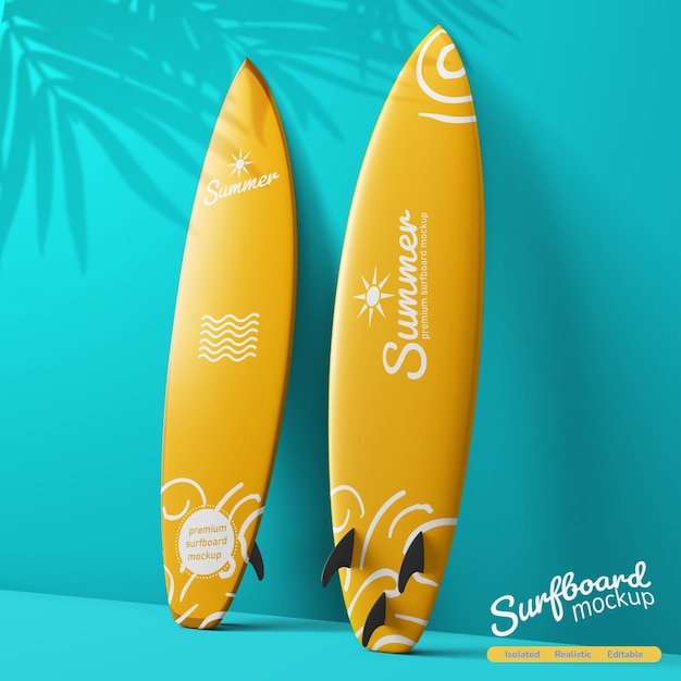 realistic long surfing board front and back mockup leaning with summer theme