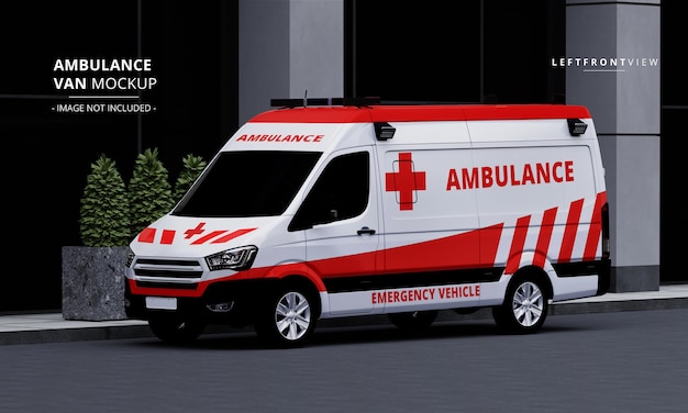 PSD auto ambulanza di lusso realistica mock up sulla vista frontale sinistra della strada