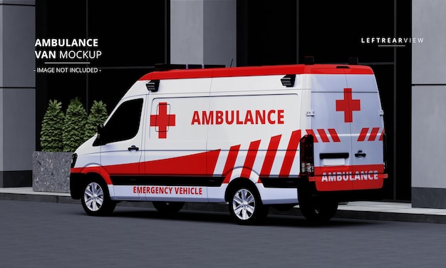 PSD modello realistico di un furgone dell'ambulanza di lusso sulla vista posteriore sinistra della strada