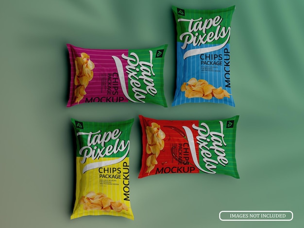 Realistic Lying Four Potato Chips Bags Mockup
