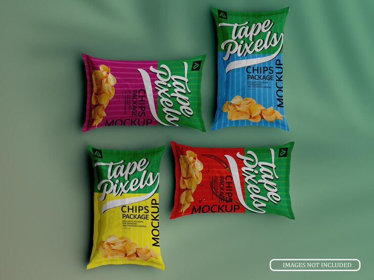 Realistic Lying Four Potato Chips Bags Mockup