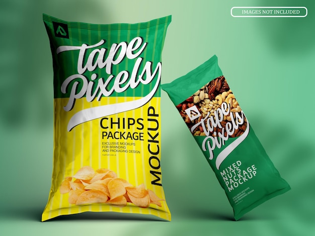 PSD realistic lying two potato chips bags mockup