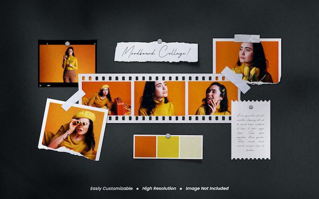 PSD mockup di cornice in carta fotografica polaroid realistico e minimalista moodboard con sovrapposizione di ombre