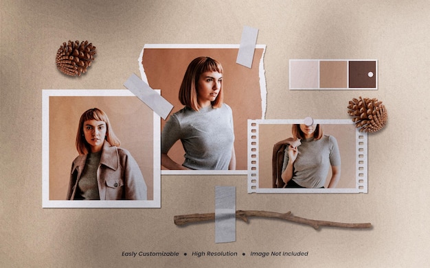 realistic and minimalist moodboard polaroid torn paper photo frame mockup with shadow overlay