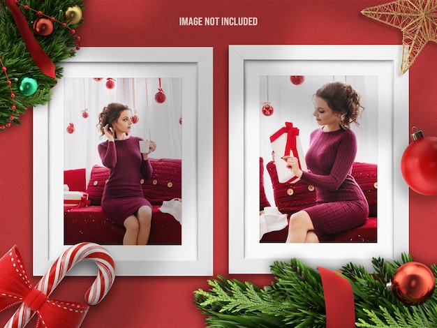 Realistic and minimalist photo frame mockup or moodboard for merry christmas and happy new year with 3d render decoration