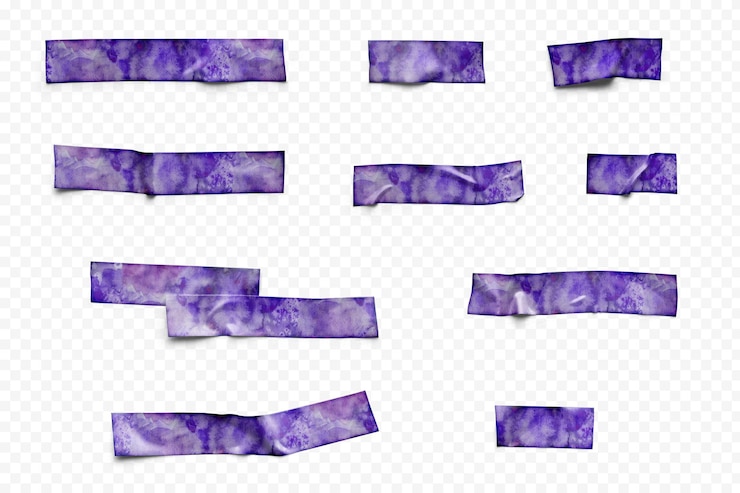PSD realistic misty purple watercolor adhesive tape collection transparent background