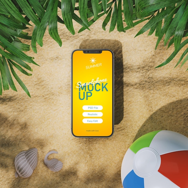 Realistic mobile phone screen mockup with ball on the beach with shells in sunny summer