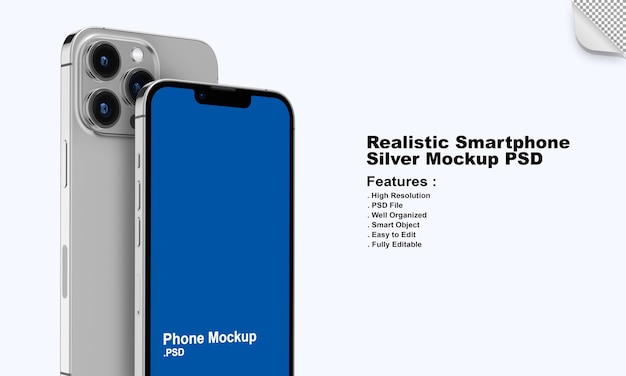 Realistic mobile phone silver color mockup with editable design and changeable colors premium psd