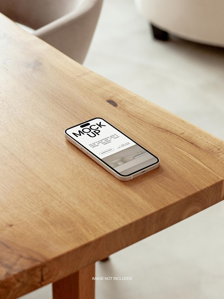 オフィスの木の机のリアルなモバイルスマートフォンiPhone 14 Proデバイス画面編集可能なモックアップPSD