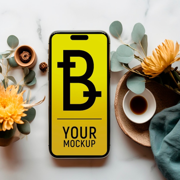 PSD realistic mockup of black phone on marble table with flowers psd format top view for web design