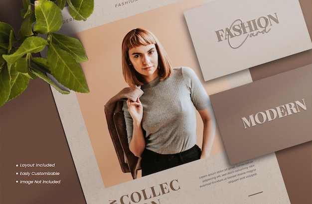 Realistic modern and elegant minimalist flyer or brochure and business card mockup with template