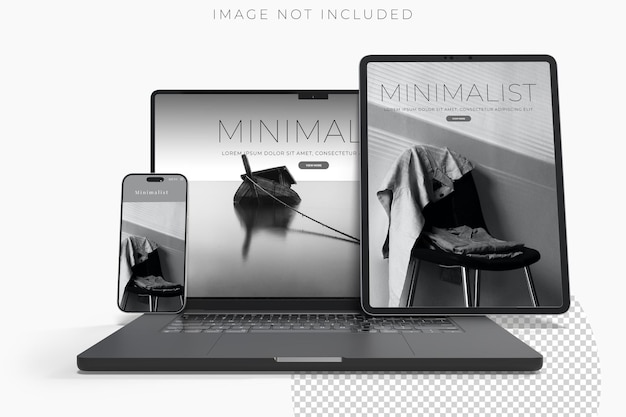 Realistic modern laptop tablet and smartphone digital device mockup front view with blank screen isolated on background Technology empty display template for ui ux app and website presentation